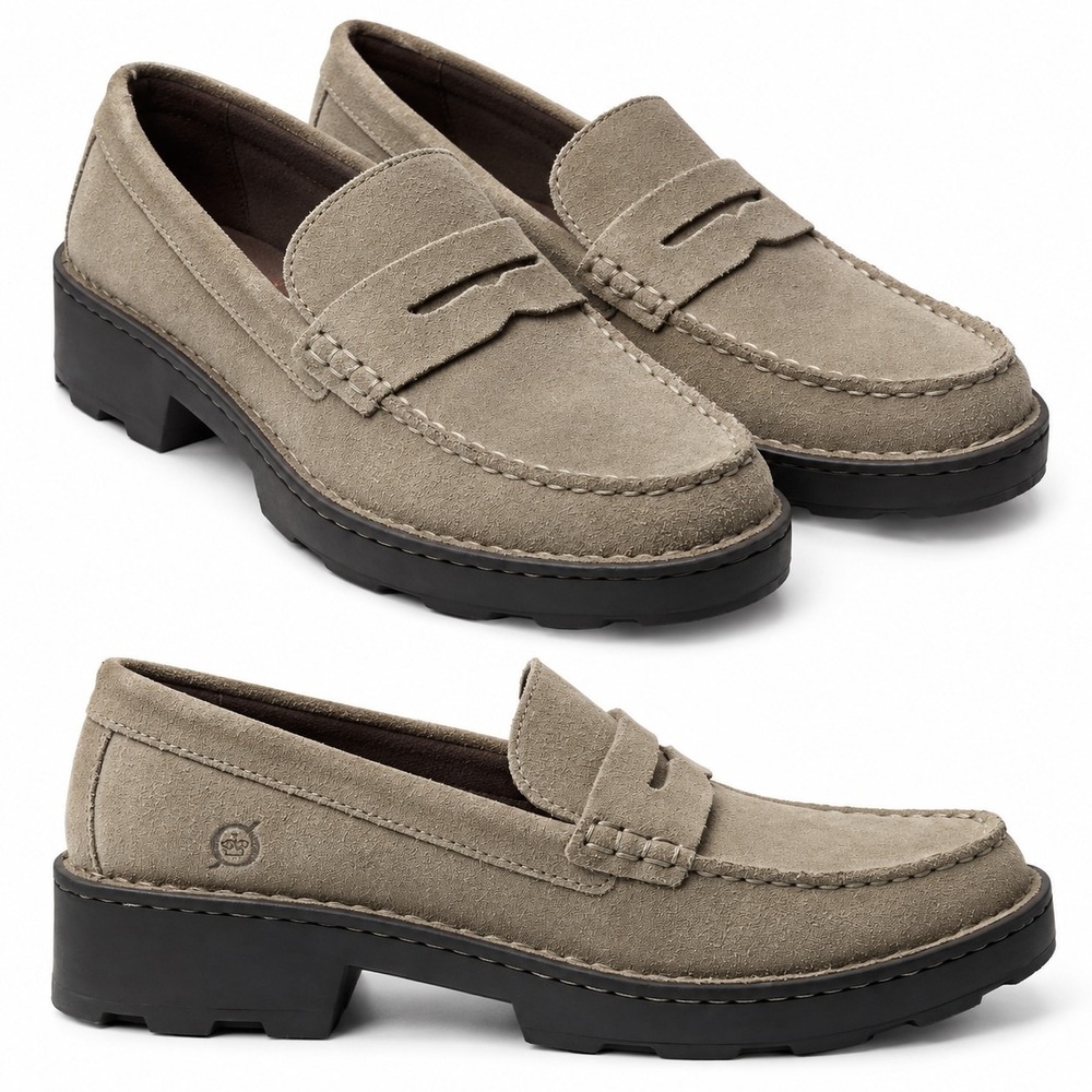 BORN Carrera Penny Loafer Womens Sz 9M Taupe Suede Leather Chunky Lug Sole Y2K